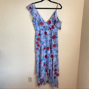 Bardot Blue Chiffon Floral Maxi high low cold shoulder wrap dress midi